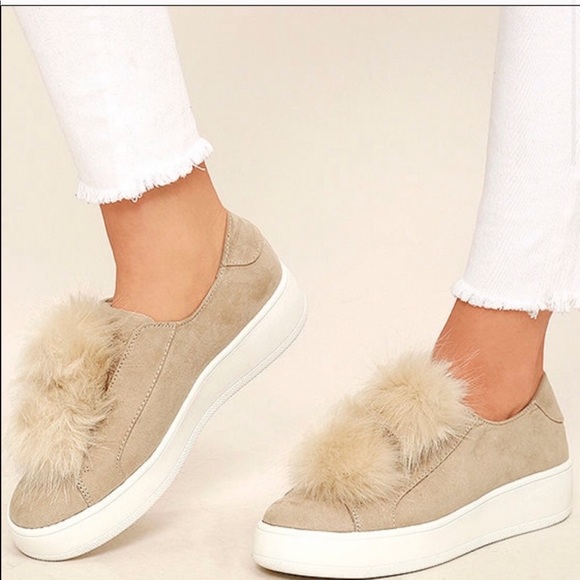 Steve Madden Shoes - Steve Madden Bryanne Tan Slip On Pom Pom Sneakers